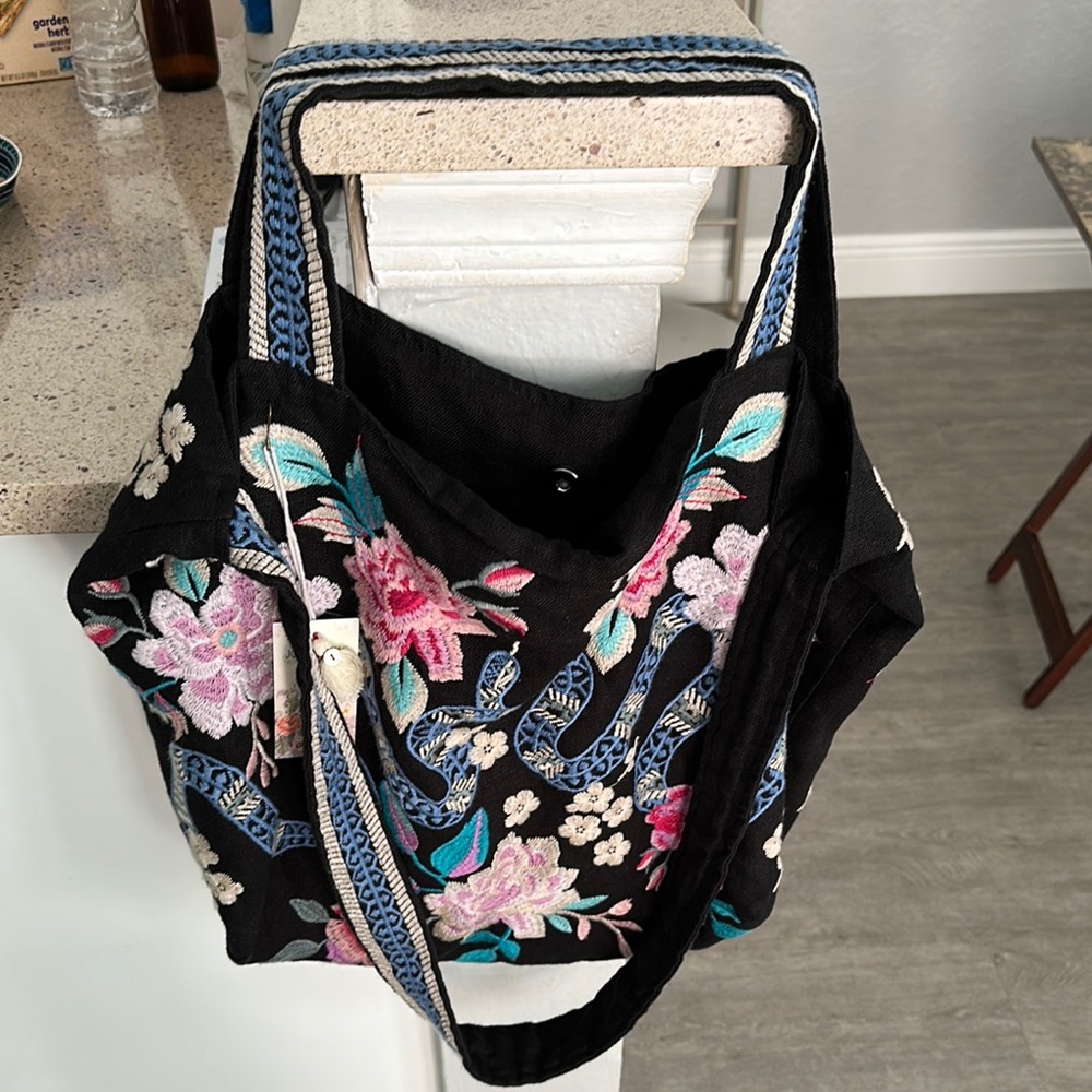 Johnny Was Floral Embroidered Black Tote Bag